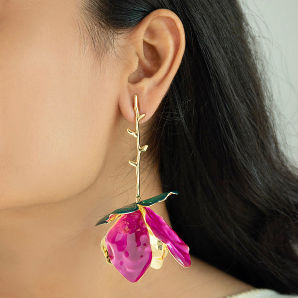 Pink Flower Drop Statement Earrings