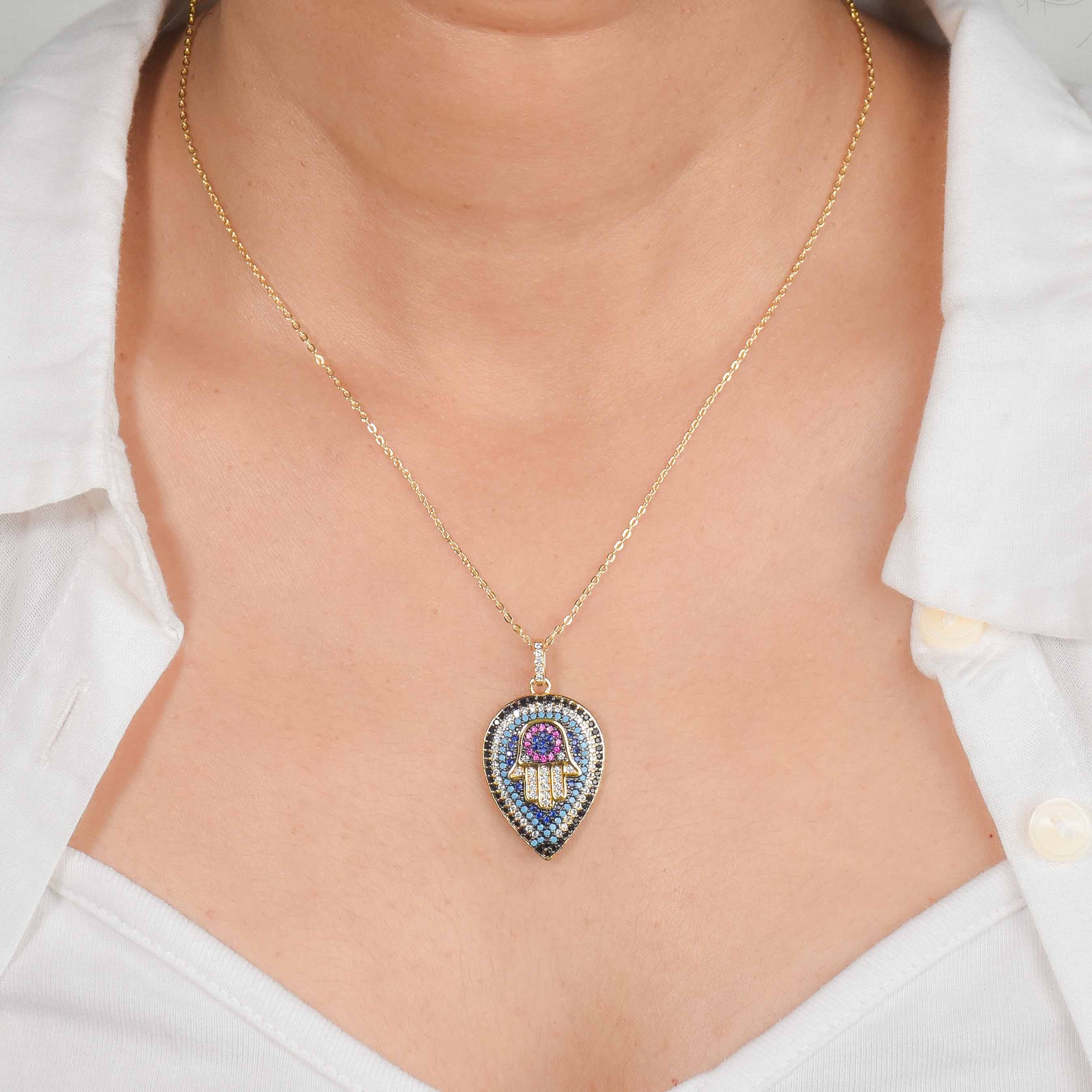 Hamsa Drop Eye Necklace