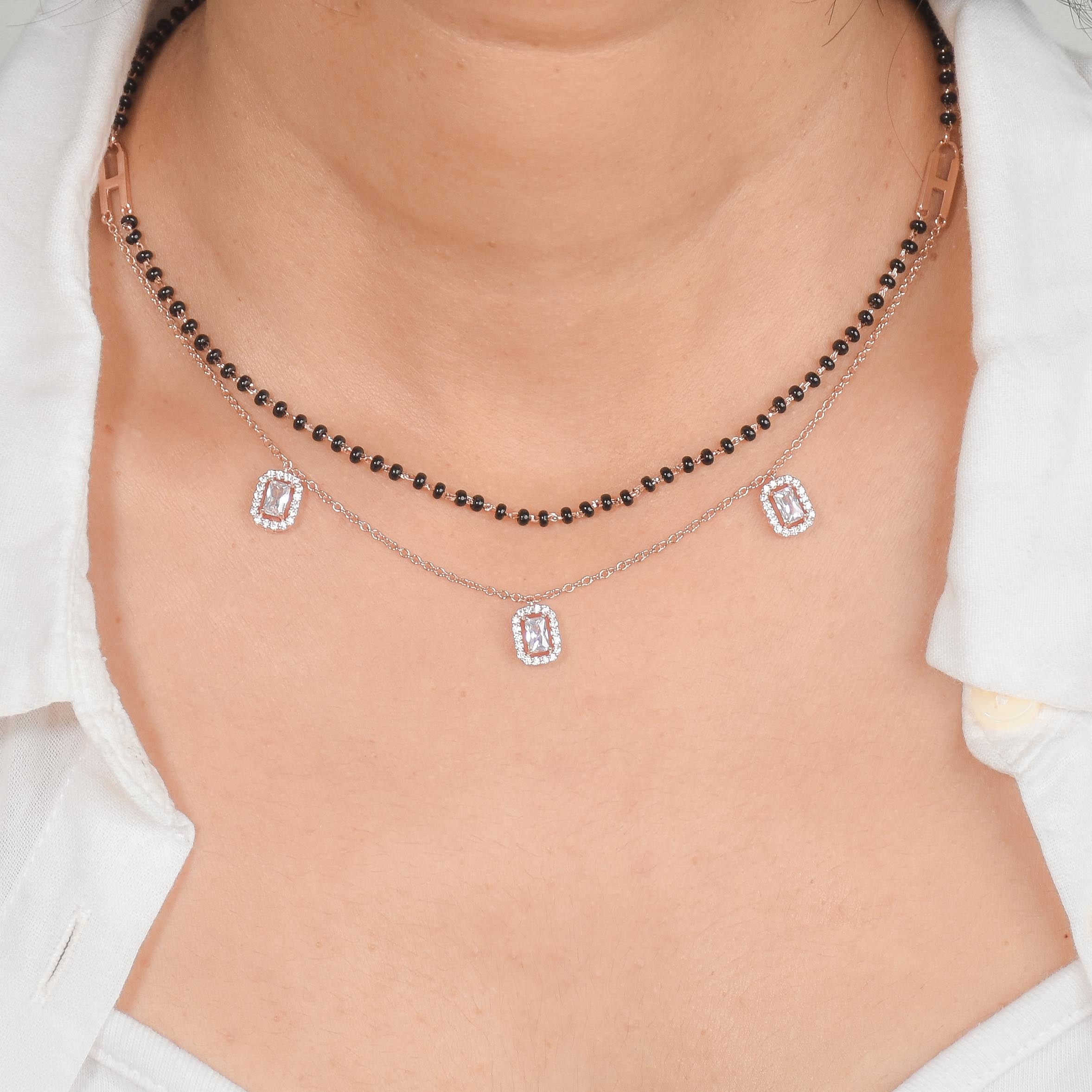 Three Diamond Rectangular Layered Mangalsutra Necklace