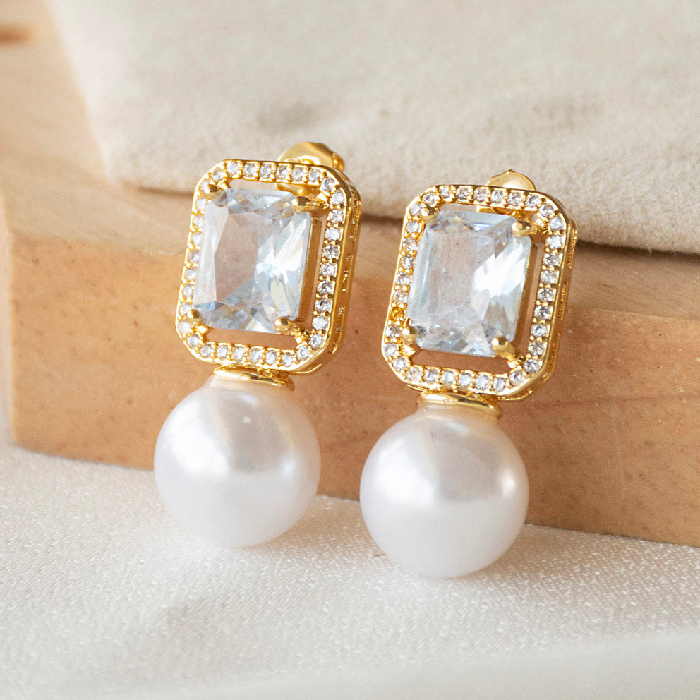 Rectangular Diamond Pearl Earrings