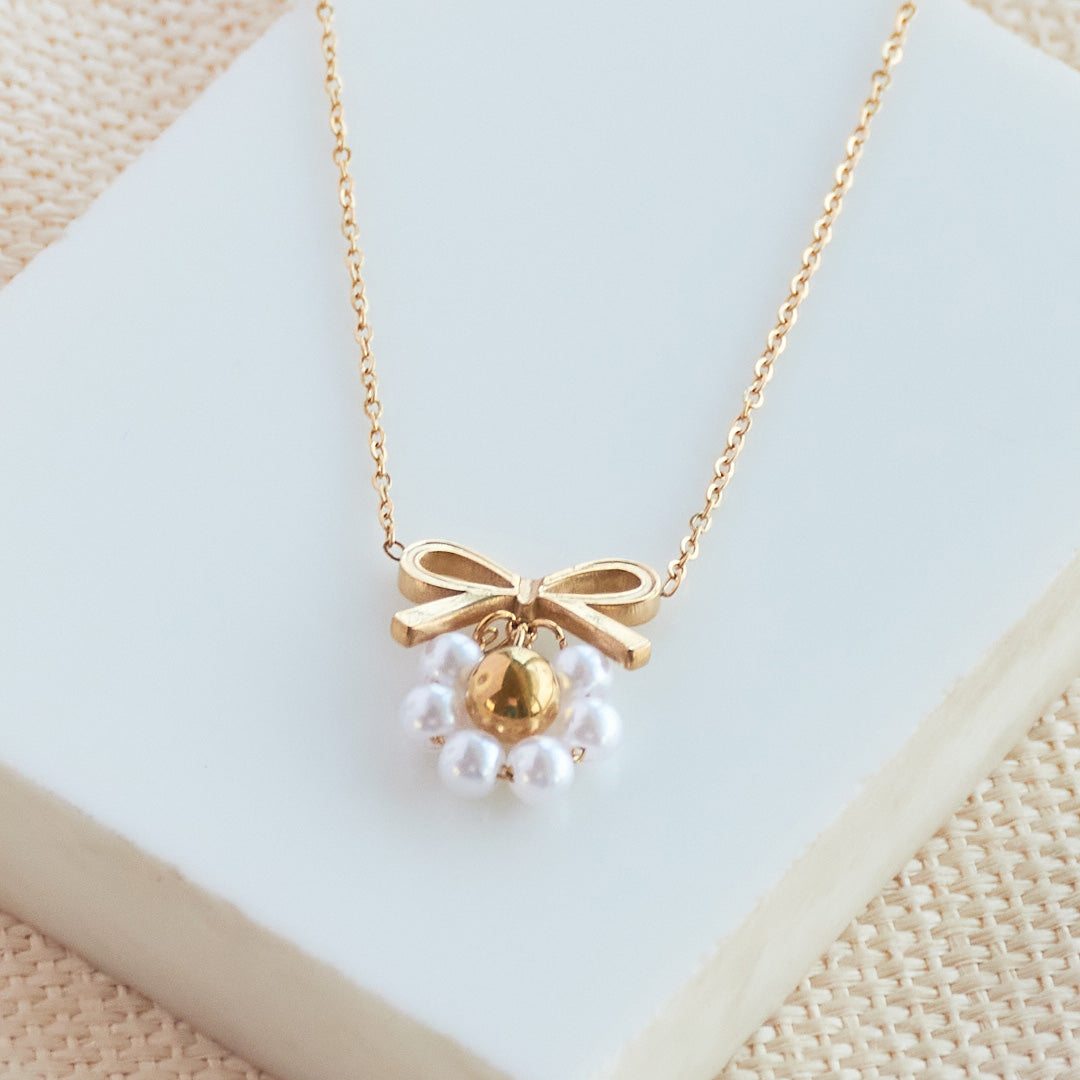 Pearl Bow Charm Necklace  Gift Set