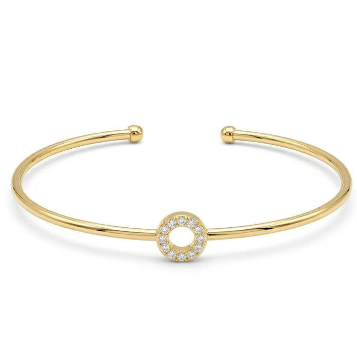 Elegant gold-tone adjustable open cuff bangle featuring a pavé crystal-studded letter O centerpiece. The personalized initial bangle has a sleek polished finish with rounded ball ends and is displayed on a clean white background, making it perfect for everyday wear, stacking, gifting, and personalized jewellery collections.