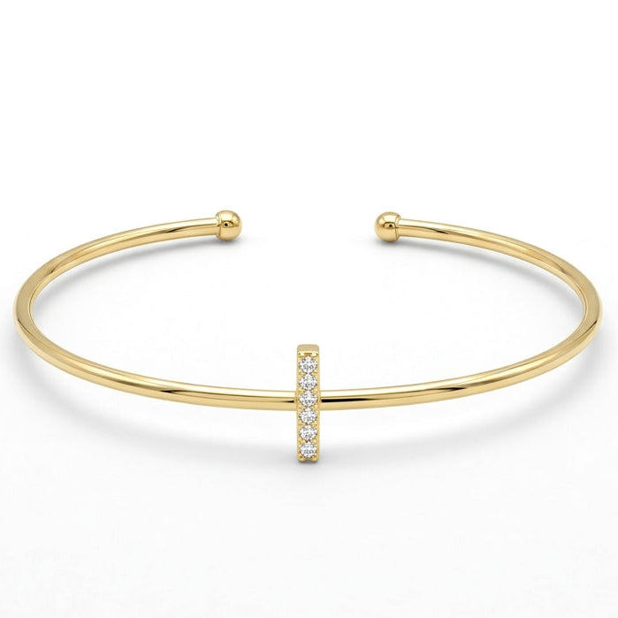Elegant gold-tone adjustable open cuff bangle featuring a pavé crystal-studded letter I centerpiece. The personalized initial bangle has a sleek polished finish with rounded ball ends and is displayed on a clean white background, making it perfect for everyday wear, stacking, gifting, and personalized jewellery collections.
