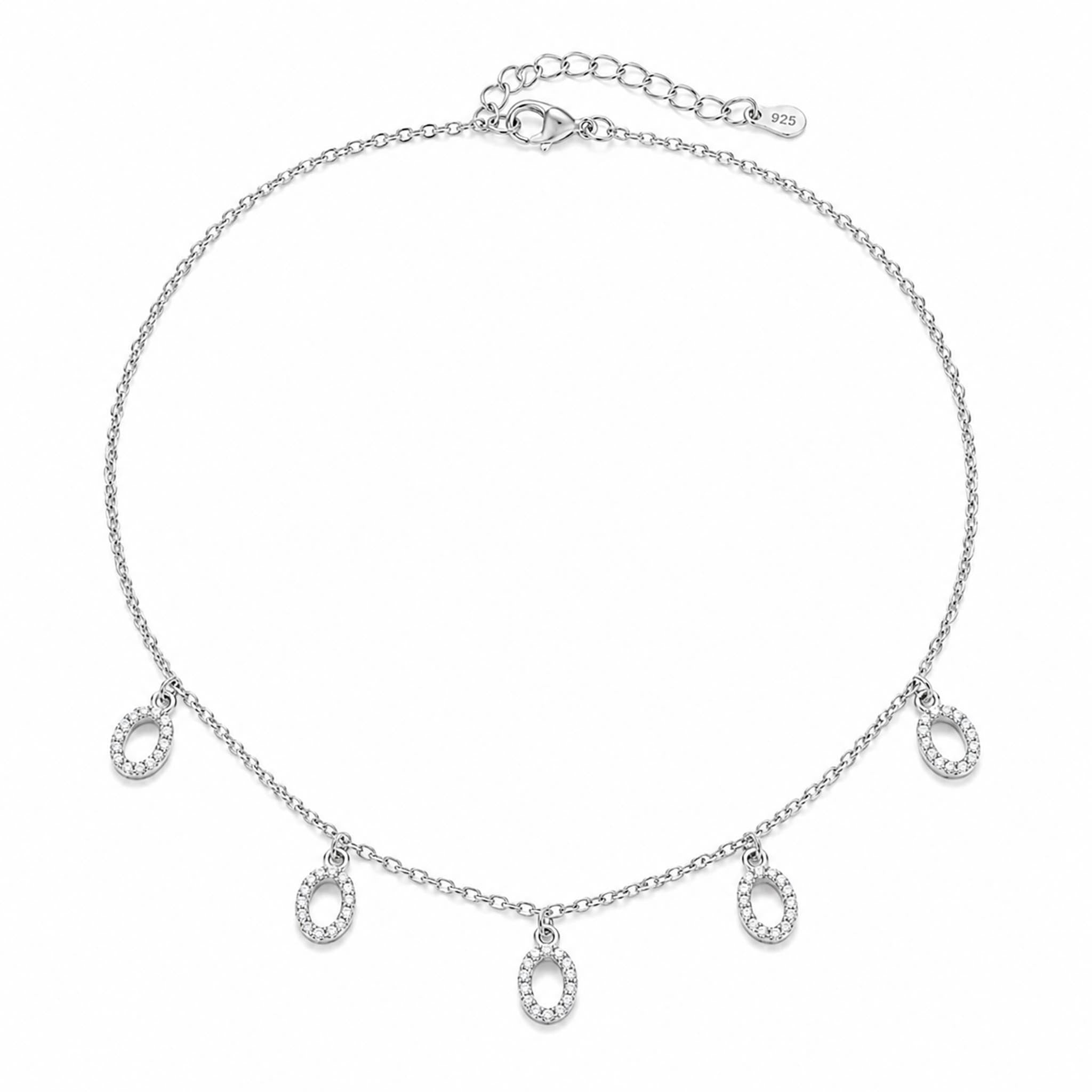 Dainty Drops 925 sterling silver necklace featuring five oval crystal drop charms suspended from a delicate silver chain