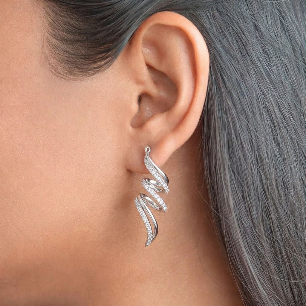 Diamond Swirl 925 Sterling Silver Earrings featuring an elegant spiral design accented with sparkling pave-set cubic zirconia stones