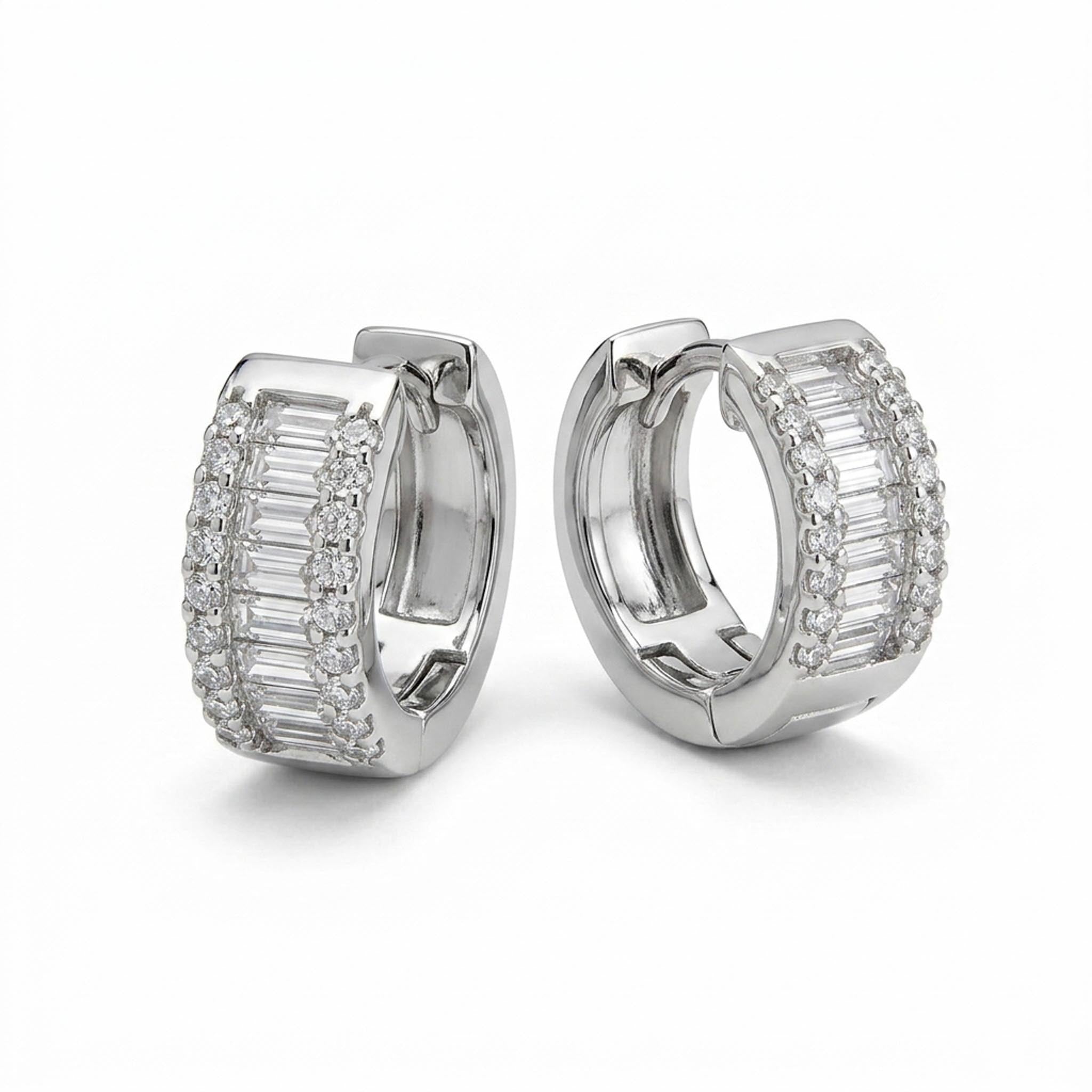 Diamond Baguette 925 Sterling Silver hoop earrings featuring a sleek row of baguette-cut cubic zirconia stones framed by sparkling round stones