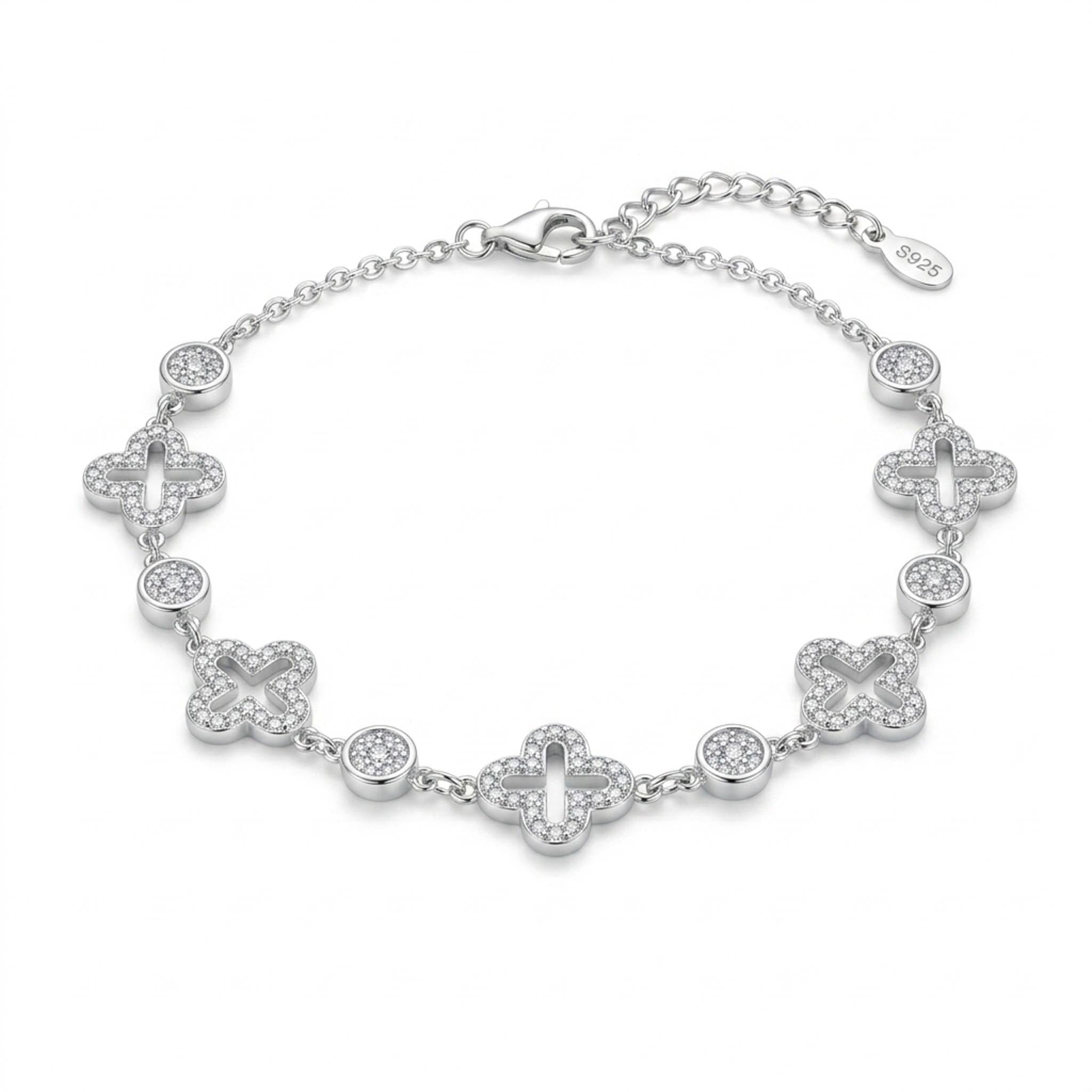 Diamond Clover 925 Sterling Silver Bracelet crafted in polished sterling silver, featuring a series of sparkling clover-shaped motifs accented with pave-set cubic zirconia and round crystal stations
