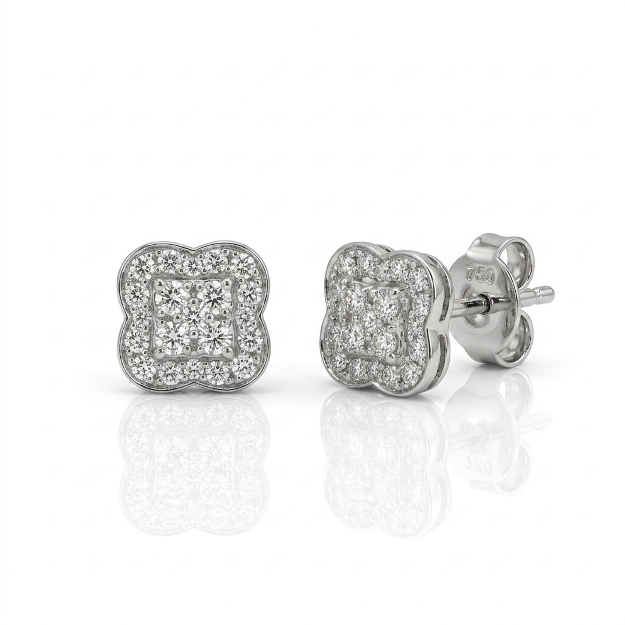 Diamond Clover 925 Sterling Silver Stud Earrings featuring a floral clover-inspired design with a cluster of sparkling cubic zirconia stones at the center, surrounded by a shimmering pave halo