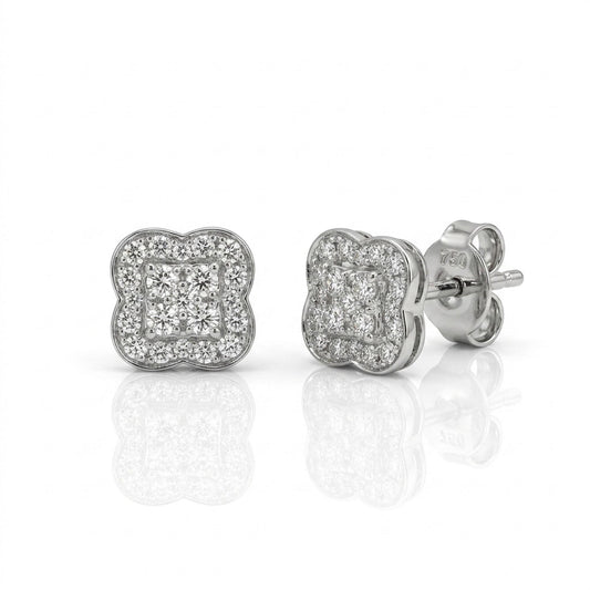 925 sterling silver floral stud earrings with pave-set stones and a square cluster center, displayed on a white background