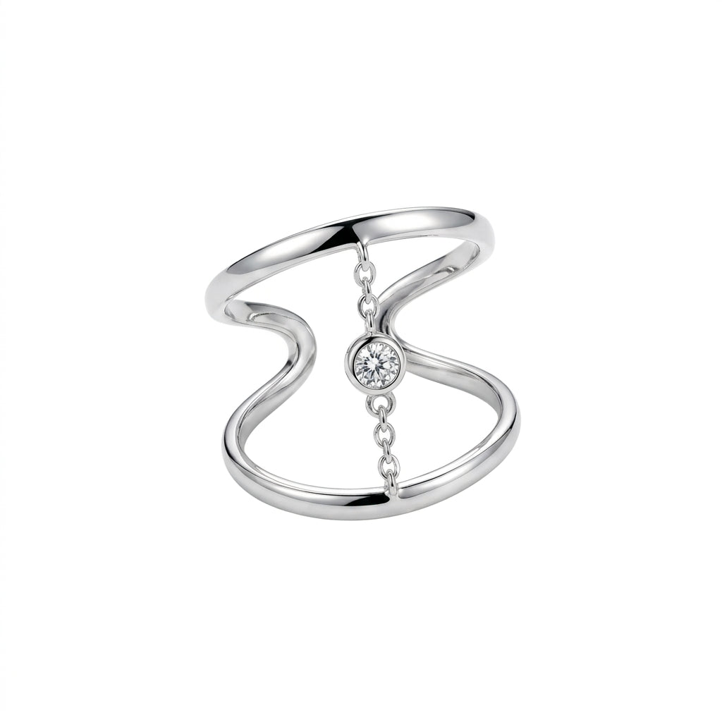 Diamond Dangle 925 Sterling Silver Ring with a modern sculptural open-band silhouette, floating bezel-set diamond charm, and elegant chain detail in polished sterling silver