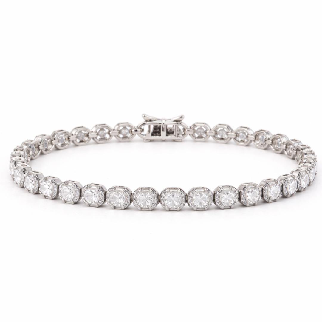 Statement tennis bracelet with round stones and octagonal halo setting