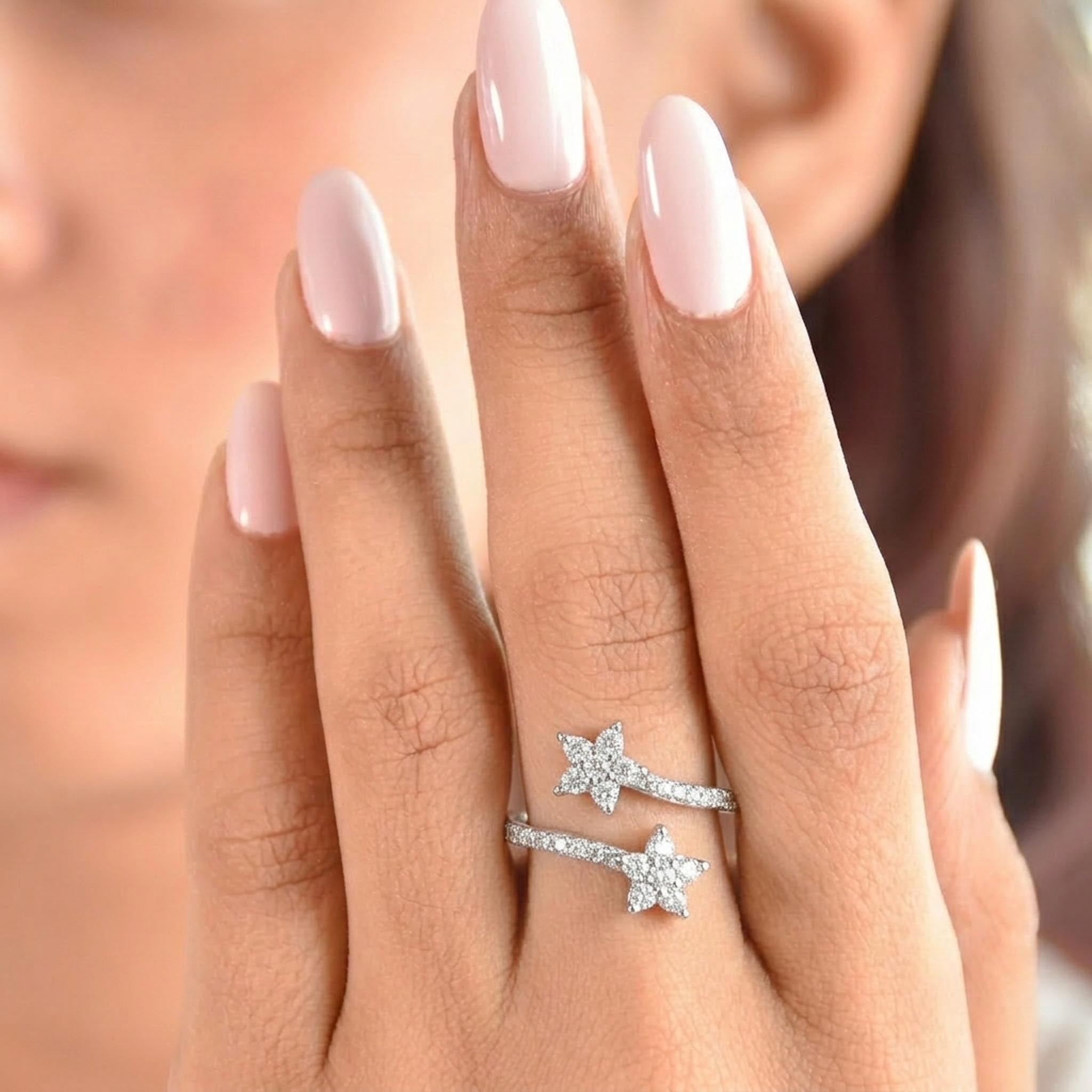 Diamond Flower Trail 925 Sterling Silver Ring with dual flower-inspired diamond clusters and pave diamond detailing on a graceful open-band sterling silver design