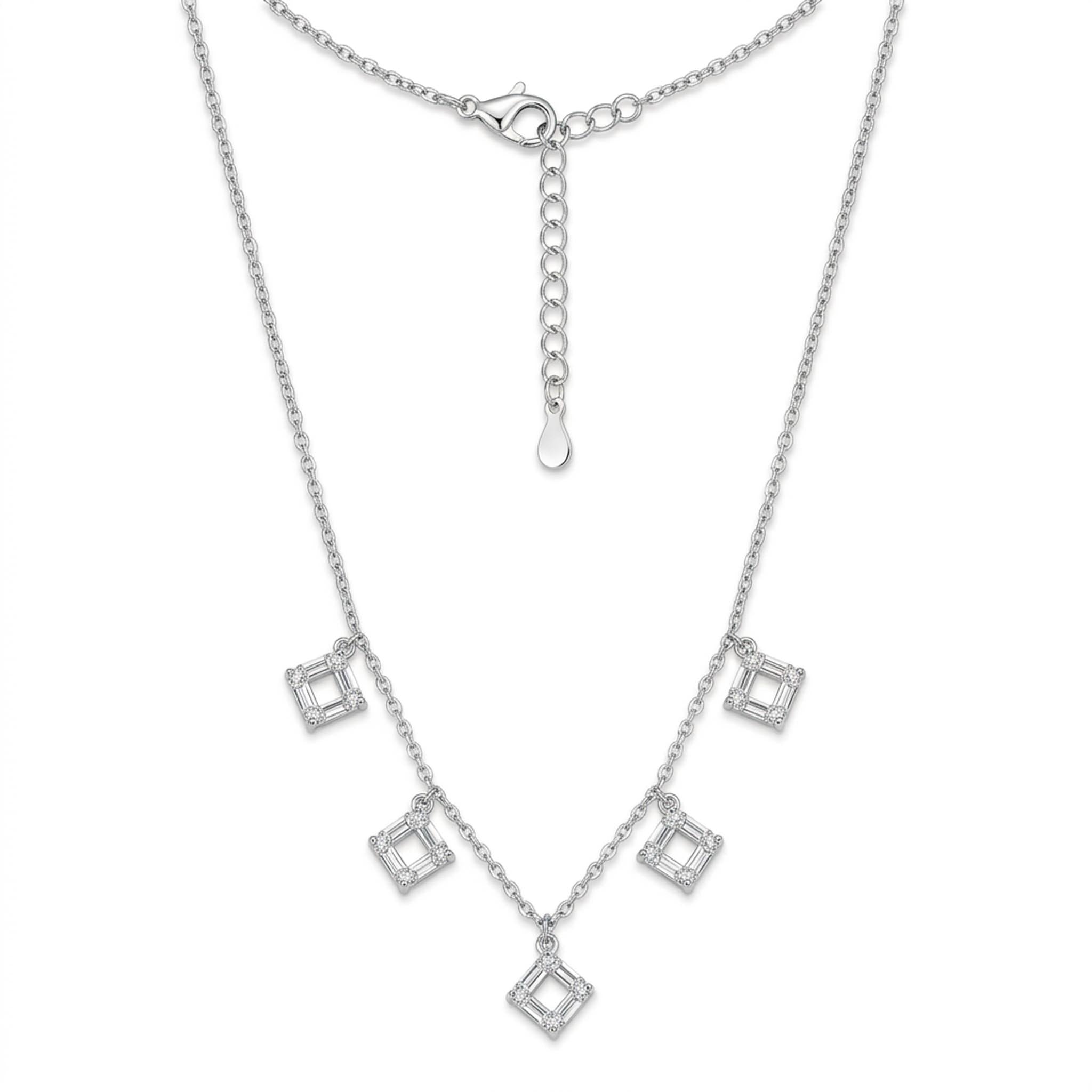 Diamond Frame 925 sterling silver necklace featuring five sparkling open-square crystal frame charms delicately suspended along a fine silver chain