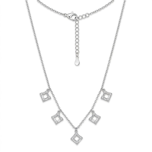 Geometric Square Charm Necklace in Silver Tone with Baguette-Cut and Pavé Crystal Accents, Displayed on White Background