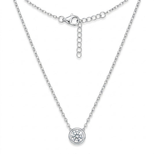Round Solitaire Bezel-Set Pendant Necklace in Silver Tone with Clear Crystal Accent and Adjustable Chain, Displayed on White Background