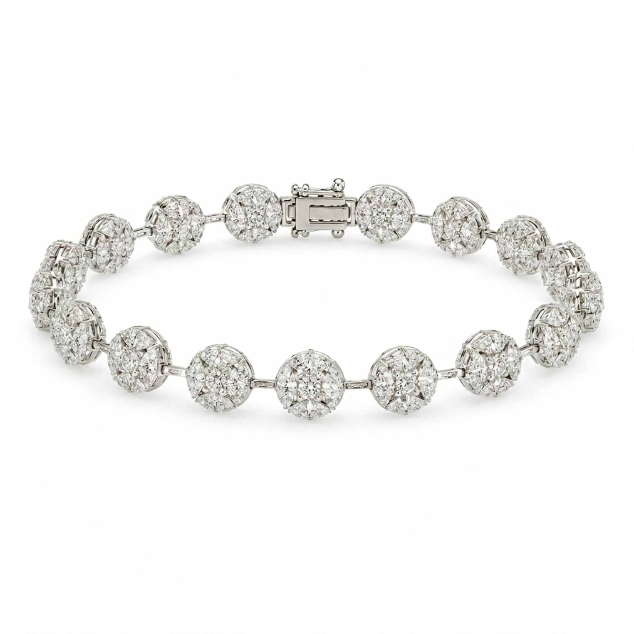 Round Pave Crystal Tennis Bracelet in Silver Tone with Secure Box Clasp, Displayed on White Background