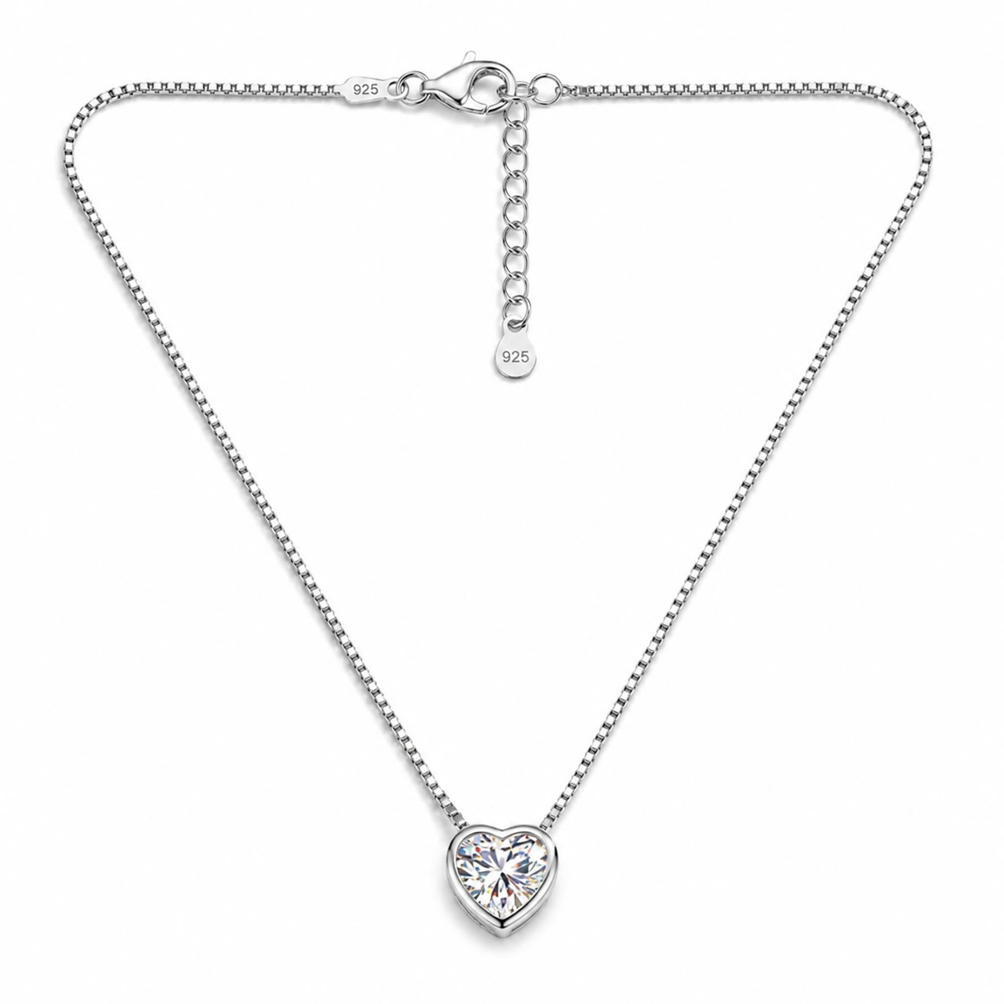 Diamond Heart 925 sterling silver necklace featuring a brilliant heart-cut crystal solitaire pendant set on a sleek silver box chain
