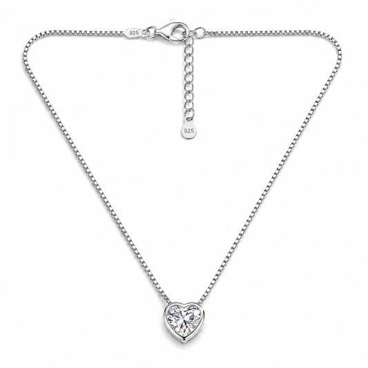 Heart-Cut Solitaire Pendant Necklace in Silver Tone on a Box Chain with Adjustable Extension, Displayed on White Background