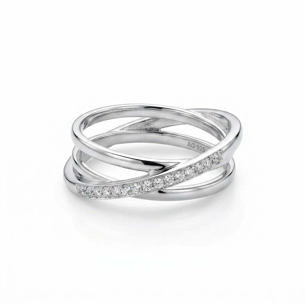 Diamond Infinity Weave 925 Sterling Silver Ring with intertwined crossover bands and sparkling pave-set diamonds in an infinity-inspired design