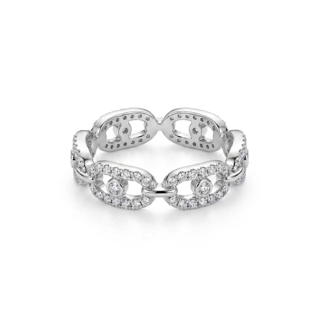 Diamond Link 925 Sterling Silver Ring with sparkling pave diamond oval links and bezel-set diamond accents in an elegant chain-inspired sterling silver design