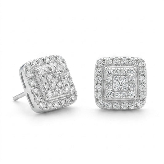 Silver square stud earrings featuring a pave-set crystal cluster with double halo detailing, displayed on a white background