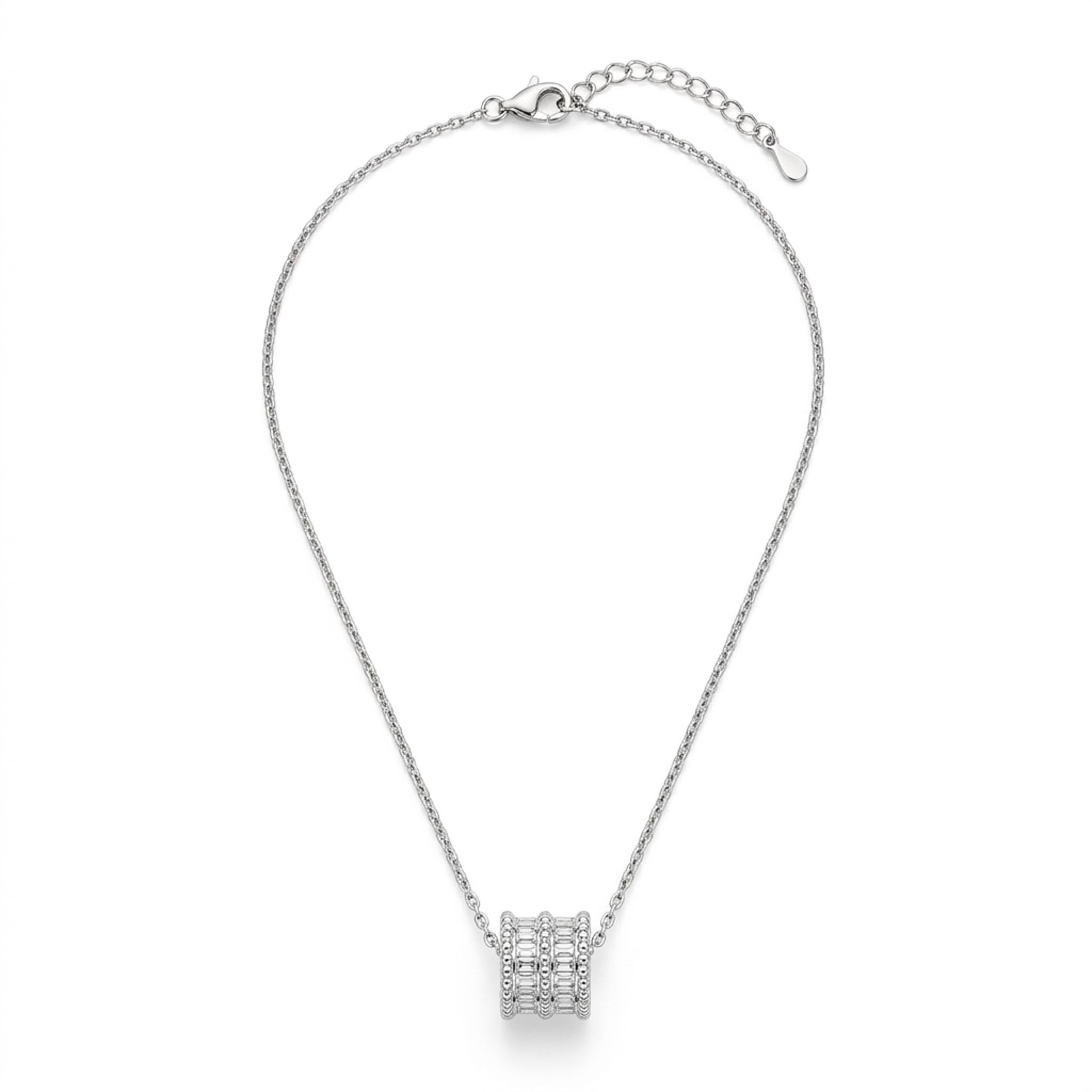 Diamond Orbit 925 sterling silver necklace featuring a sparkling multi-band crystal barrel pendant suspended from a delicate silver chain
