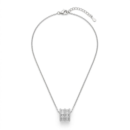 Multi-Row Pave Crystal Barrel Pendant Necklace in Silver Tone with Adjustable Chain, Displayed on White Background