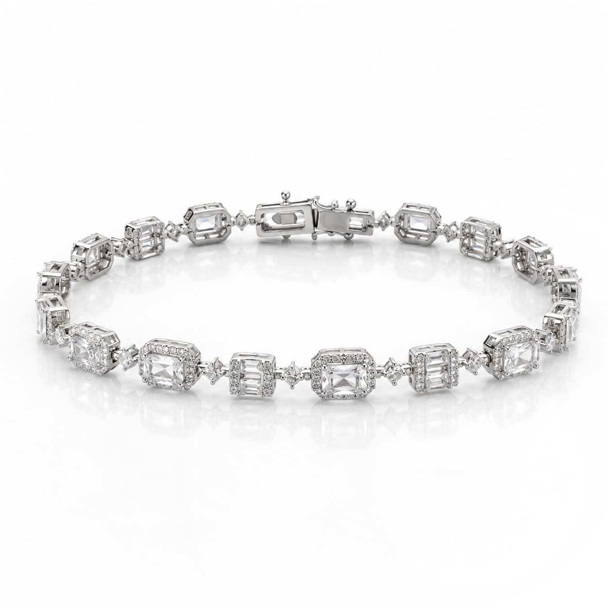 Diamond Pavilion 925 Sterling Silver Bracelet featuring emerald-cut and halo-set cubic zirconia stones in a geometric tennis bracelet design