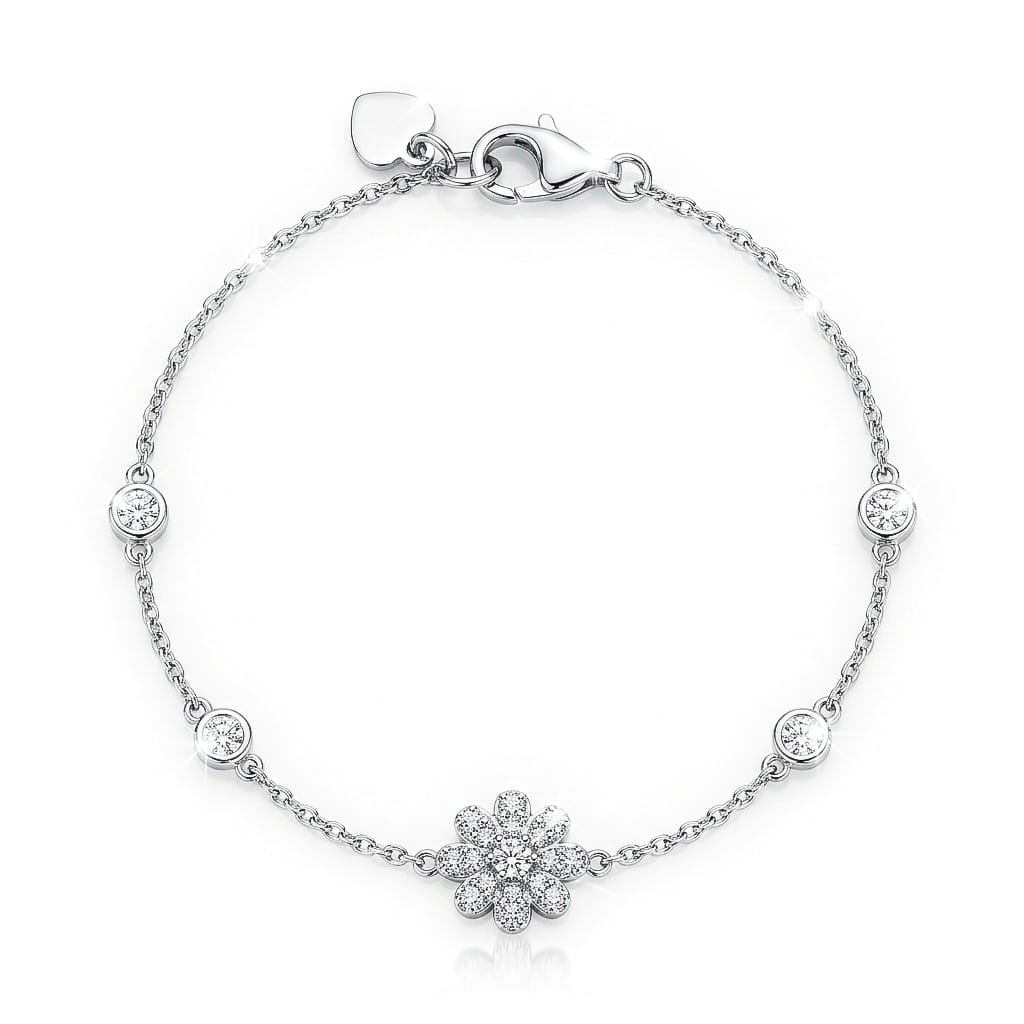 Diamond Petal 925 Sterling Silver Bracelet featuring a sparkling flower-shaped centerpiece adorned with pave-set stones, accented by bezel-set round crystals along a delicate sterling silver chain