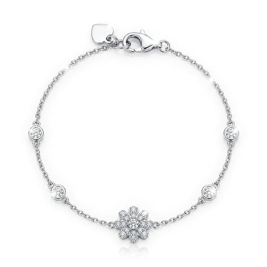 Diamond Petal 925 Sterling Silver Bracelet featuring a sparkling flower-shaped centerpiece adorned with pave-set stones, accented by bezel-set round crystals along a delicate sterling silver chain