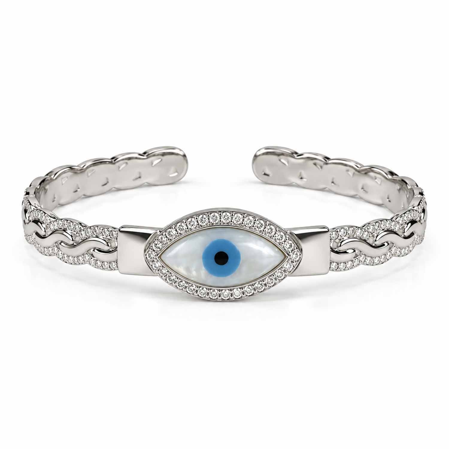 Silver evil eye cuff bangle featuring a blue eye centerpiece, crystal border, and detailed chain-inspired design.