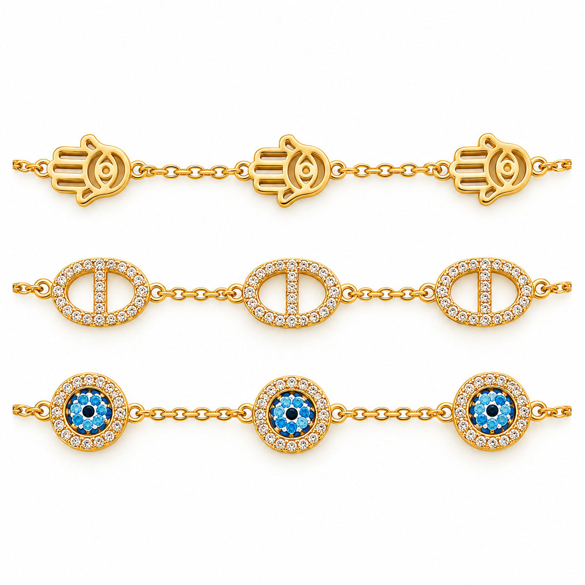 Three anti-tarnish gold-plated chain bracelets featuring repeating Hamsa hand charms, crystal-studded oval link motifs, and blue evil eye medallions, arranged in parallel on a clean white background with a polished premium finish.