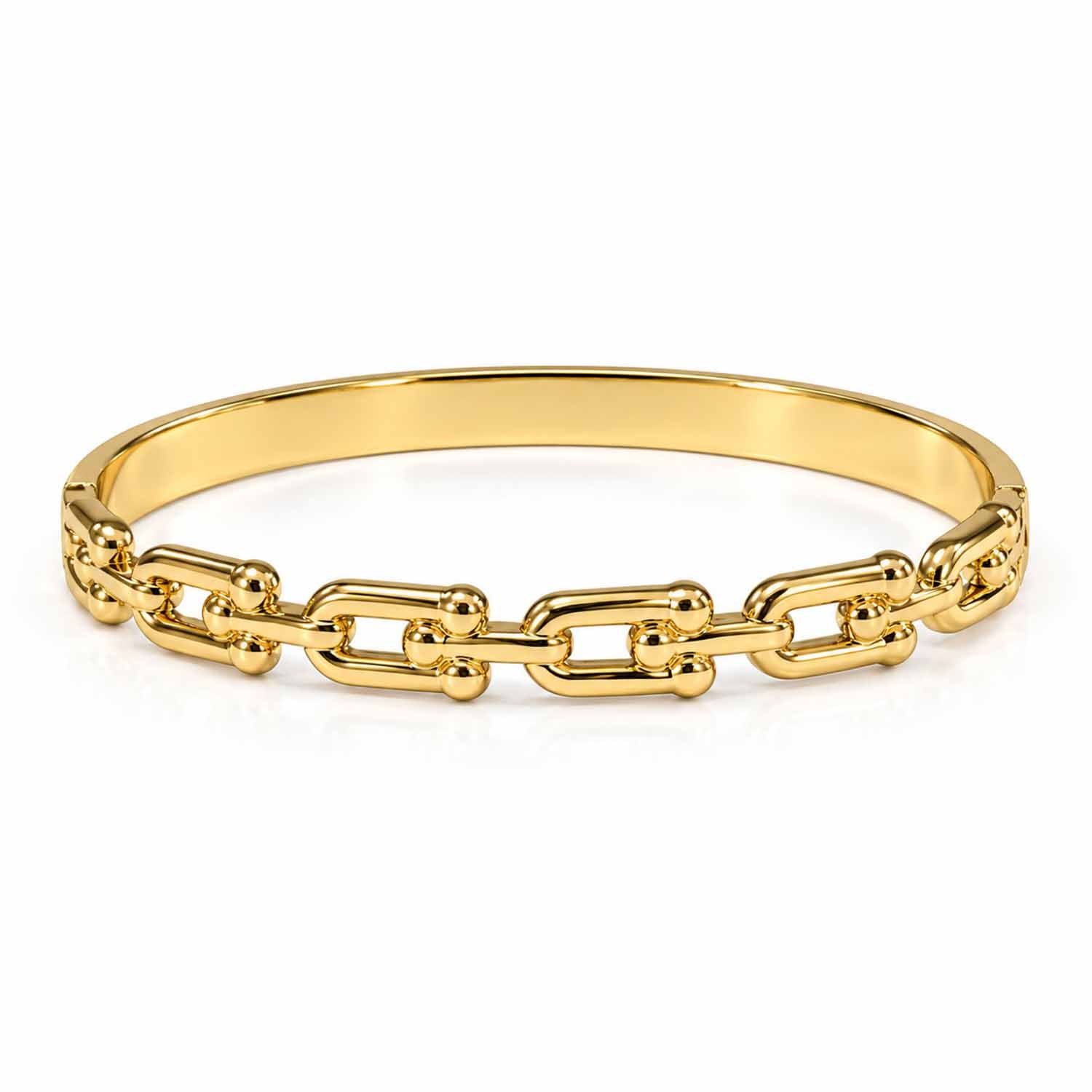 Gold cuff bangle featuring rectangular chain links with polished rounded bead detailing.