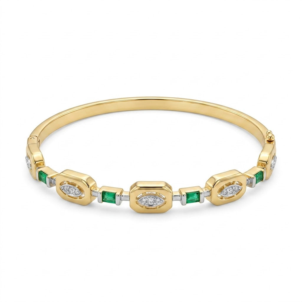 Anti-tarnish two-tone gold and silver hinged bangle bracelet featuring alternating geometric stations with marquise-shaped pavé crystal clusters and square green emerald-cut stone links.