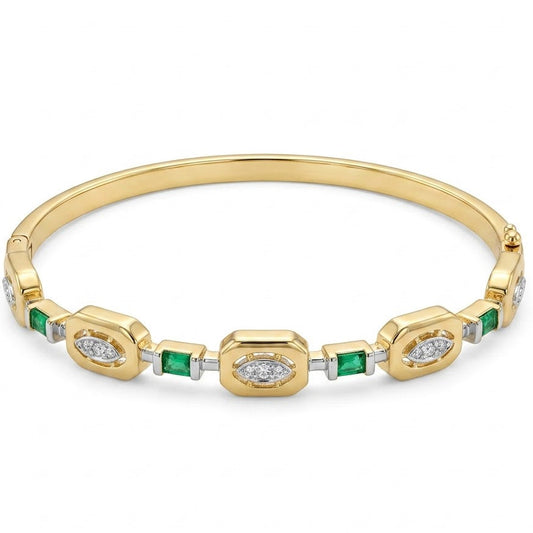 Anti-tarnish two-tone gold and silver hinged bangle bracelet featuring alternating geometric stations with marquise-shaped pavé crystal clusters and square green emerald-cut stone links.