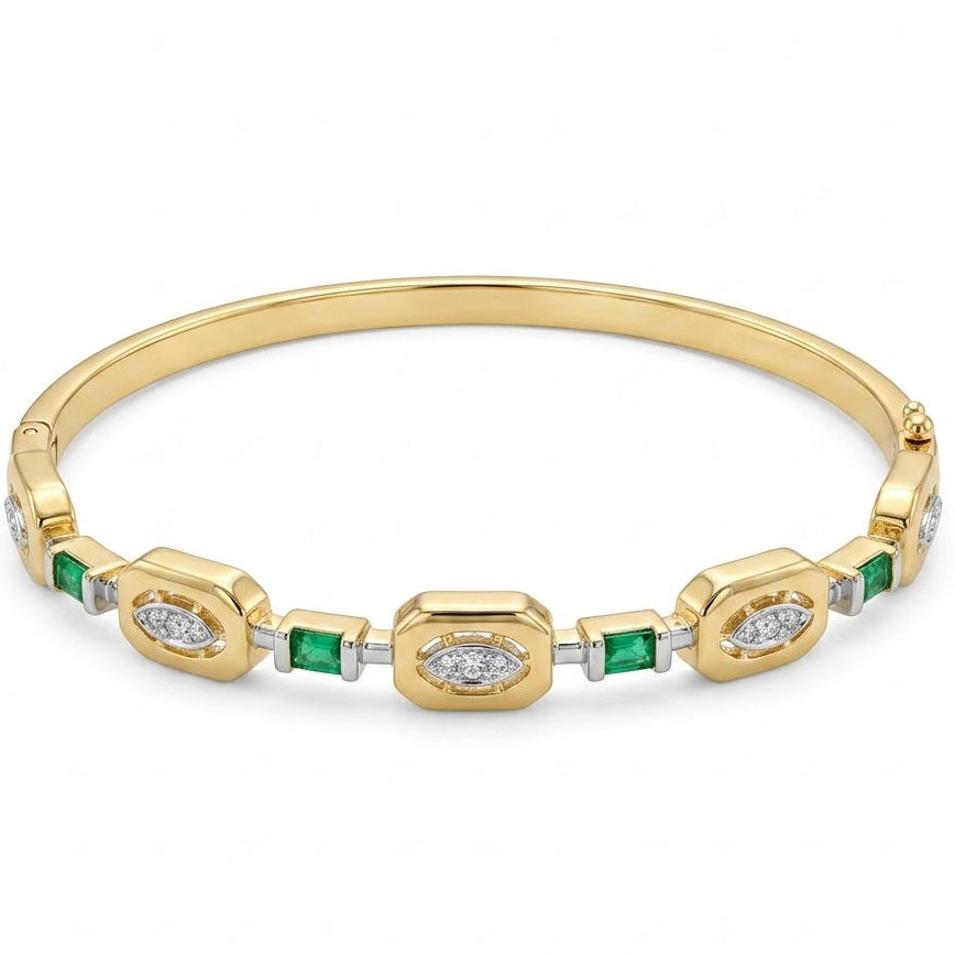 Anti-tarnish two-tone gold and silver hinged bangle bracelet featuring alternating geometric stations with marquise-shaped pavé crystal clusters and square green emerald-cut stone links.