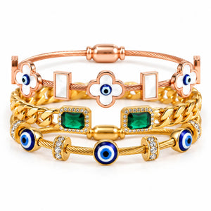 Emerald Evil Eye Bangle Stack | Anti-tarnish| Gold Plated