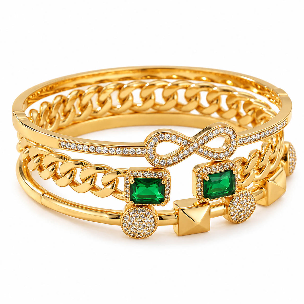 Premium 3-piece gold bracelet stack featuring a crystal infinity cuff, emerald chain bracelet, and geometric crystal bangle on a white background.