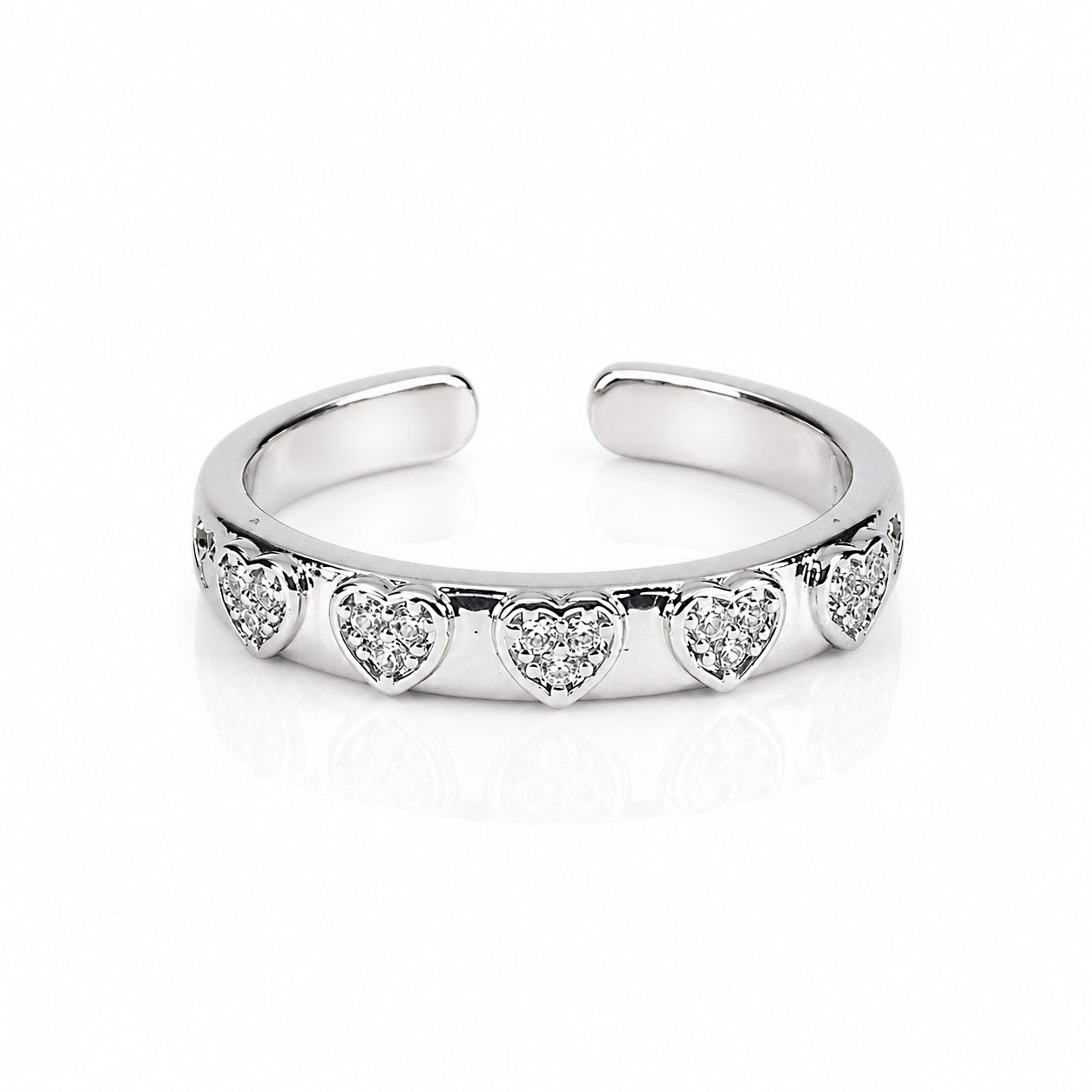 Delicate silver heart band ring with sparkling pavé crystals and an adjustable anti-tarnish finish, perfect for everyday elegance, stacking, and romantic styling.

