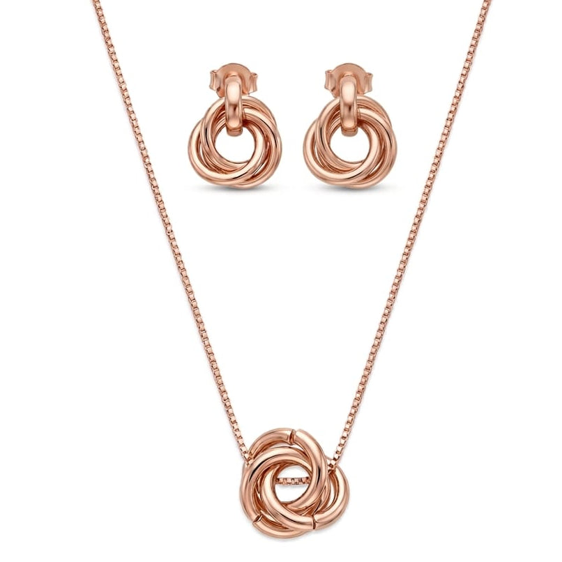 Anti-tarnish rose gold jewelry set featuring a box chain necklace with an interlocking love knot pendant, paired with matching rose gold woven knot drop earrings.
