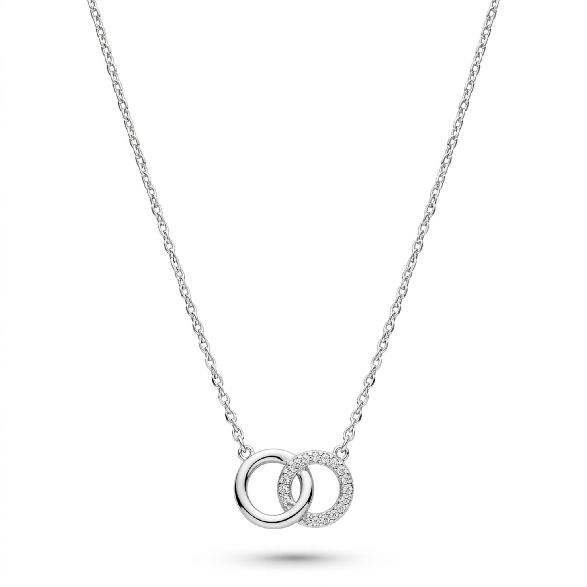 Eternal Circles 925 sterling silver necklace featuring two interlocking circle pendants, one polished and one adorned with sparkling pave crystals, suspended from a delicate silver chain