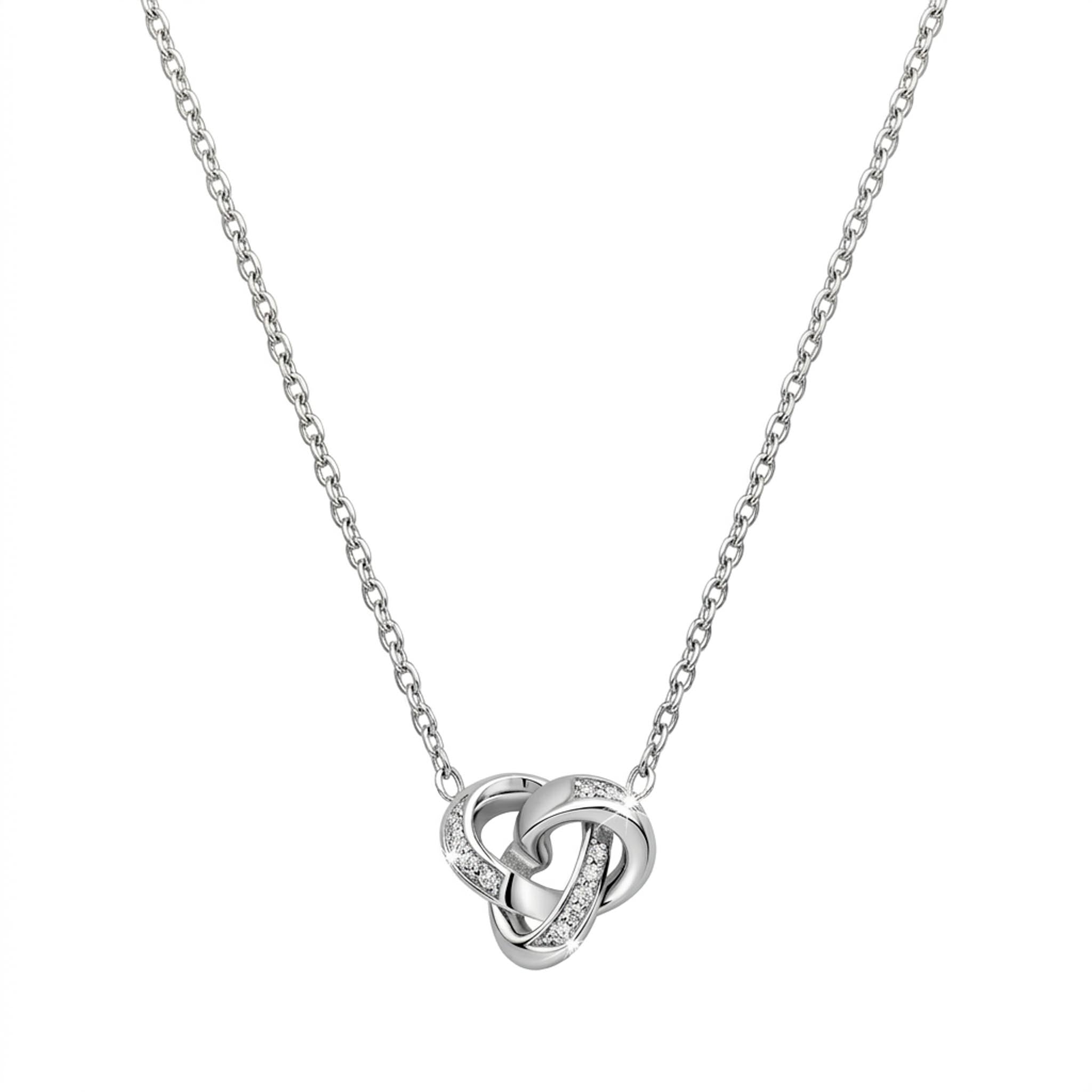 Eternal Knot 925 sterling silver necklace featuring an intertwined knot pendant with sparkling pave-set crystals on a delicate silver chain
