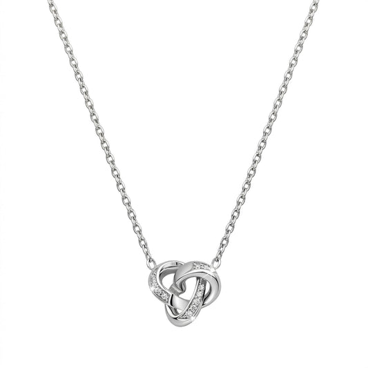 Interwoven Knot Pendant Necklace in Silver Tone with Pavé Crystal Accents, Displayed on White Background