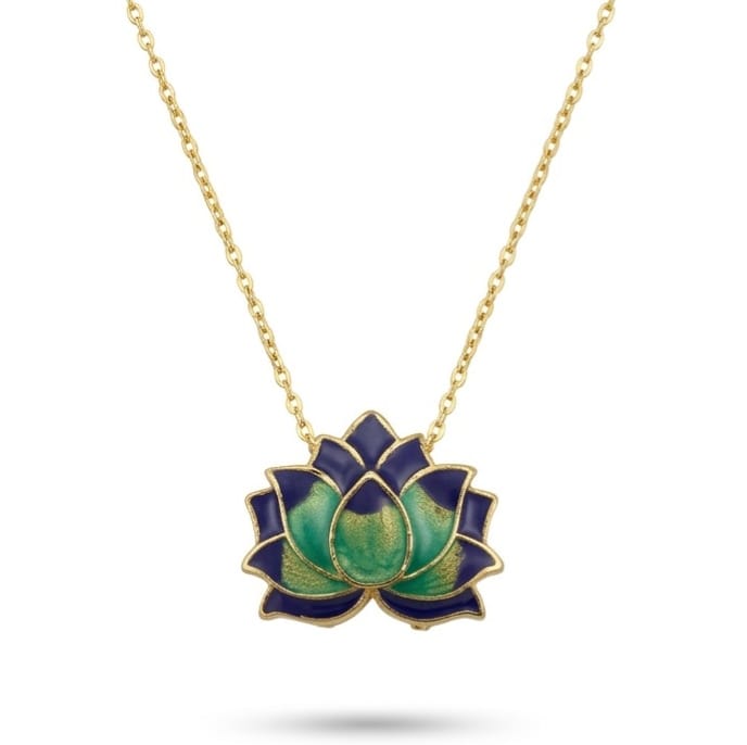 Elegant gold-tone pendant necklace featuring a blue and green lotus flower enamel pendant on a delicate cable chain. The anti-tarnish floral necklace showcases intricate gold detailing and a vibrant lotus design, displayed on a clean white background, making it perfect for everyday wear, spiritual styling, gifting, and special occasions.
