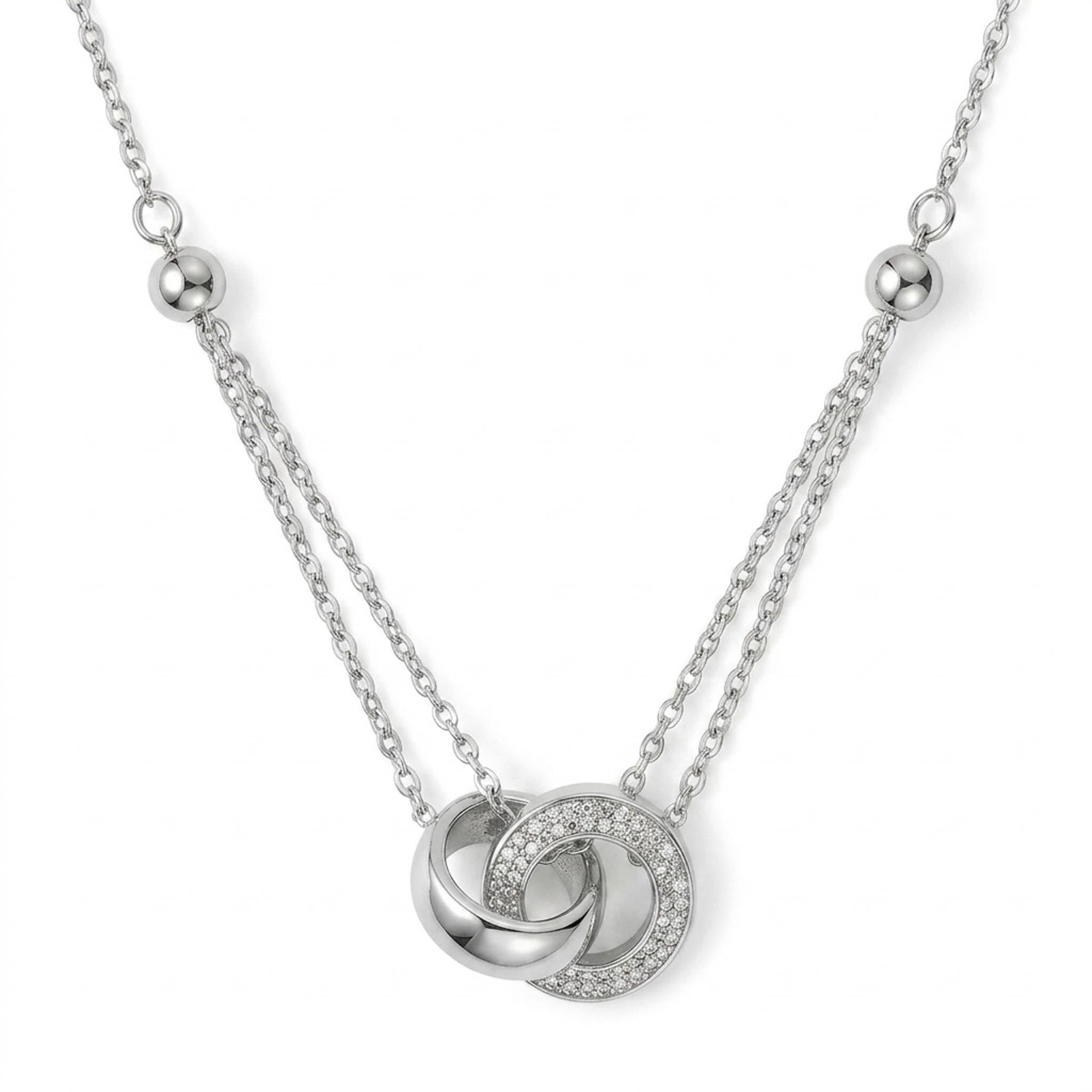 Eternal Orbit 925 sterling silver necklace with interlocking crystal circle pendants and double-chain detail