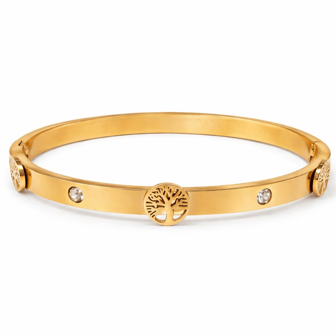 Sleek tree motif bangle bracelet available in gold rose gold and silver minimal everyday jewelry piece