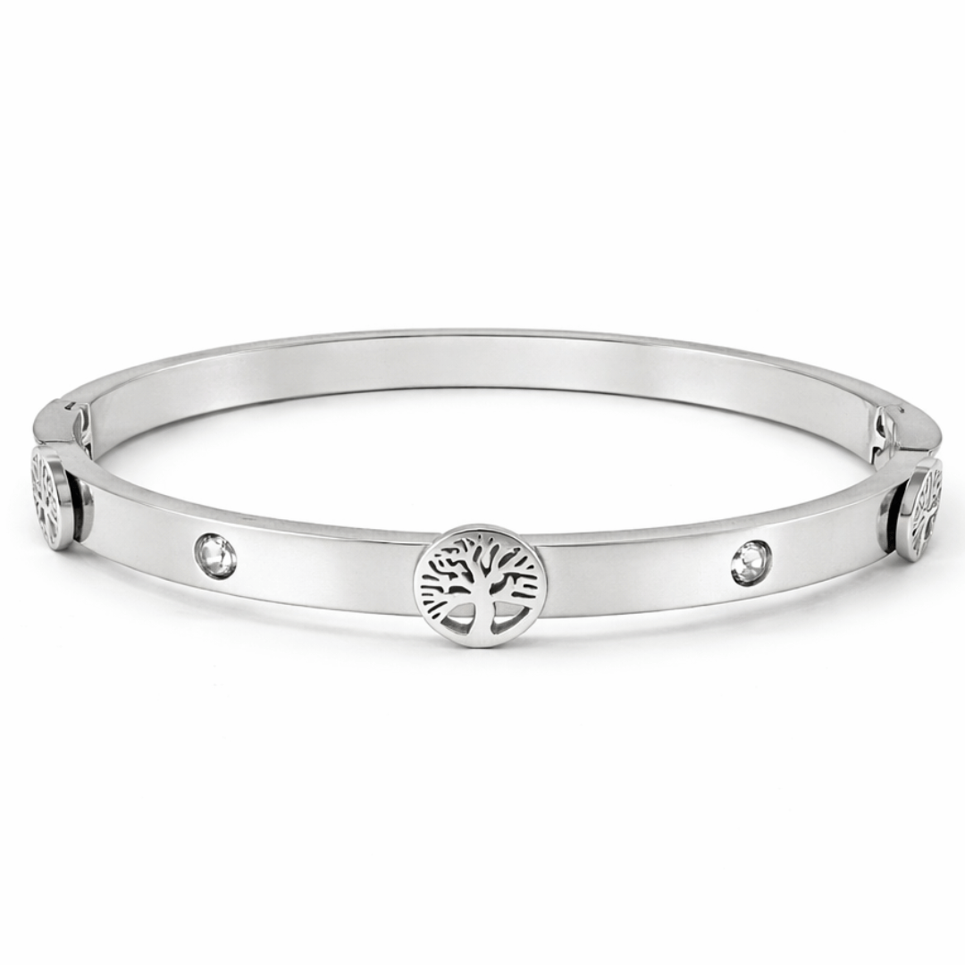 Sleek tree motif bangle bracelet available in gold rose gold and silver minimal everyday jewelry piece