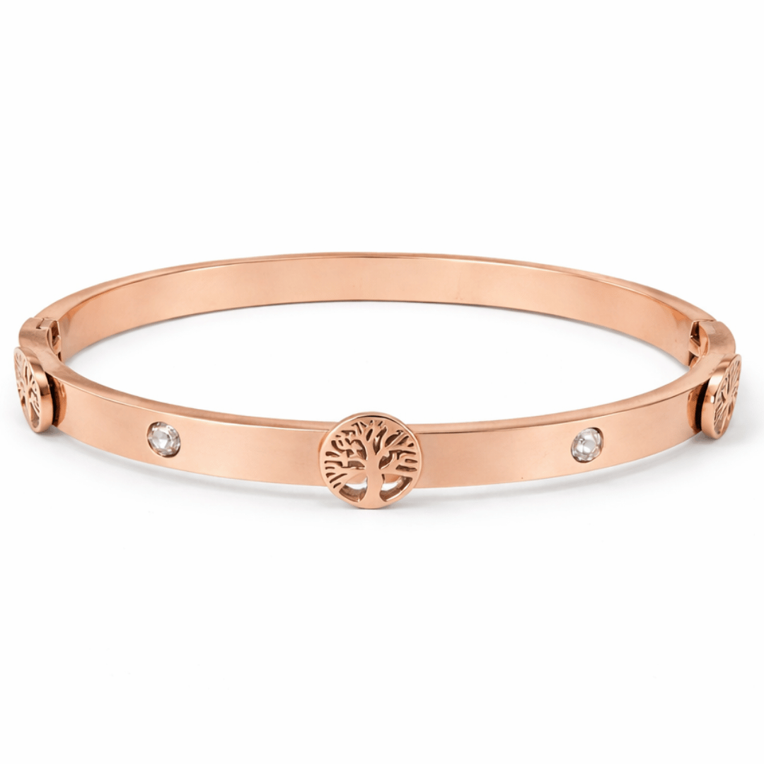 Sleek tree motif bangle bracelet available in gold rose gold and silver minimal everyday jewelry piece