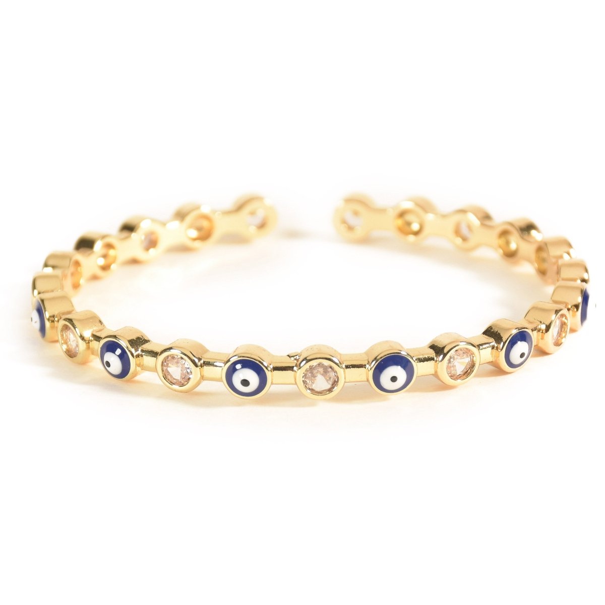 Stylish evil eye cuff bangles crafted in stainless steel with an adjustable design, available in black, blue, red, white, green, and rainbow shades, perfect for everyday wear and trendy protective styling.
