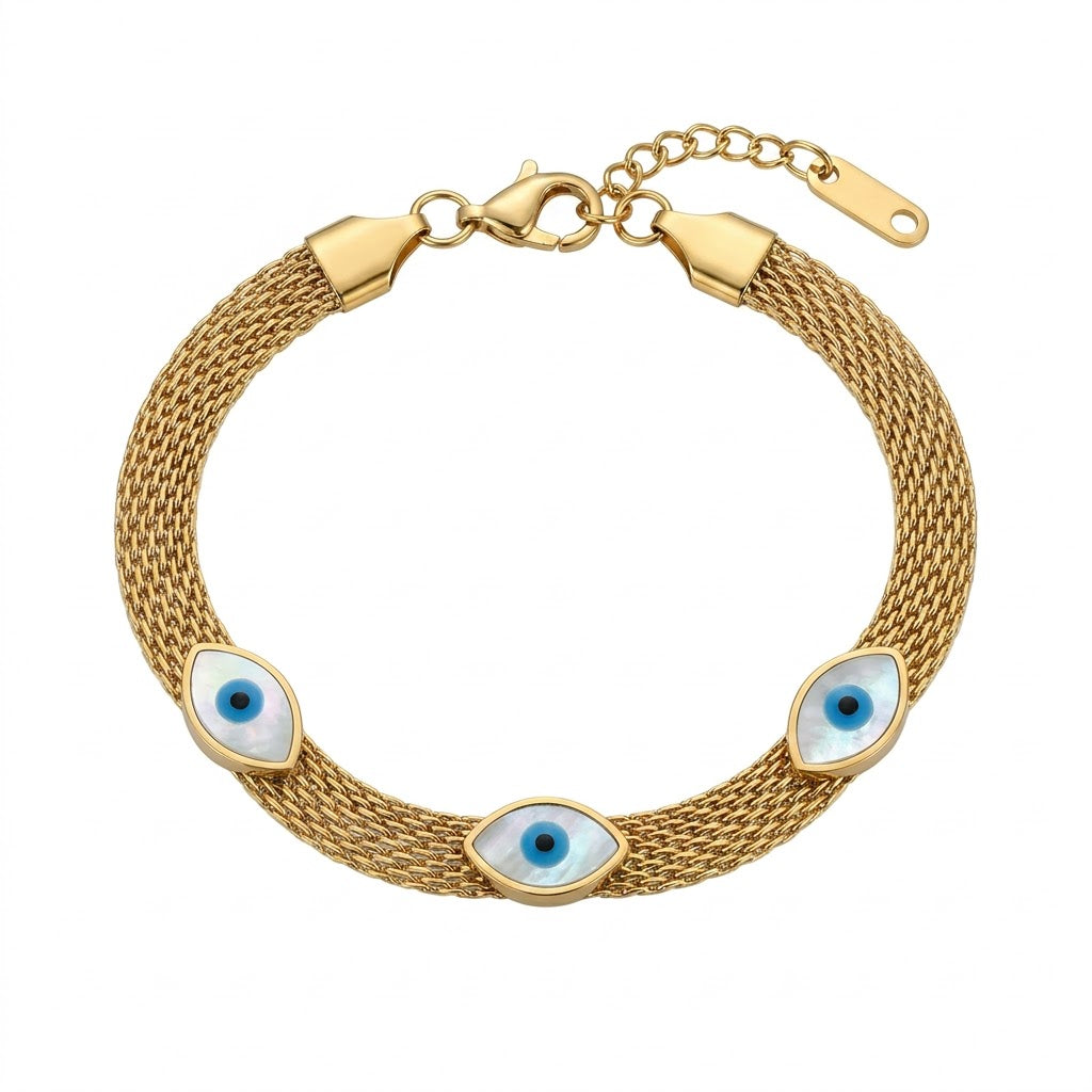 A gold-tone woven mesh bracelet displayed against a clean white background, featuring three blue and white Evil Eye charms with black centers arranged across the front. The bracelet has a textured braided mesh design, gold-tone clasp, lobster closure, and an adjustable extension chain for a comfortable fit.